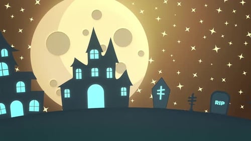 Flat Design Halloween Night Scene with Spooky Houses