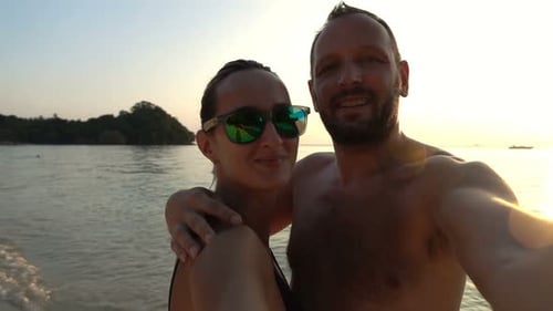 Happy Couple Taking Selfie Photos, Recording Video on Beach, Super