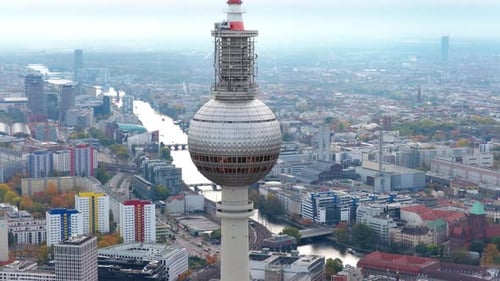 Aerial View of Fernsehturm TV Tower Standing Tall Over Historic Cityscape of East Berlin in
