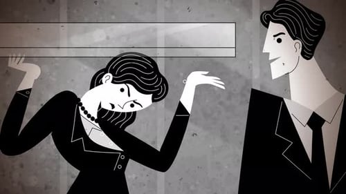 office woman hitting the glass ceiling while a businessman watches