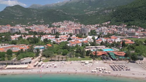 Beach on the Adriatic Sea. Sun. Clear blue water. Aerial view.