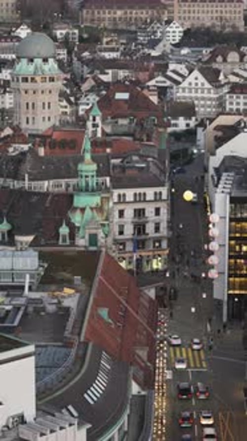 Aerial video of an urban scene in the city of Zurich, Switzerland