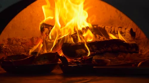 Roaring Fire Burning Brightly in Oven with Food