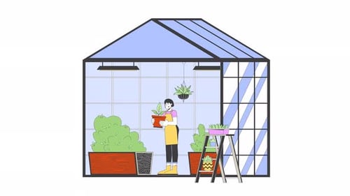Animated Flat Design Greenhouse with Gardener Character
