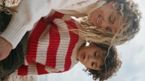 Mother Kid Building Sand Figures on Ocean Beach Happy Family Relaxing Vertical
