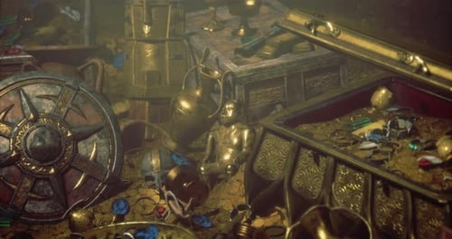Treasure Trove Filled with Gold Artifacts and Jewels in a Dimly Lit Cave