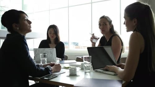 Business Women Meeting at Table in Bright Office