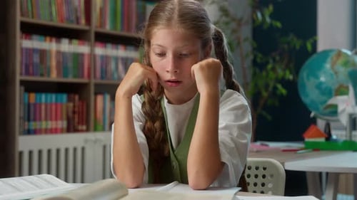 Overload Caucasian Little Girl Child Kid Holding Head Feeling Headache Reading Book School Knowledge