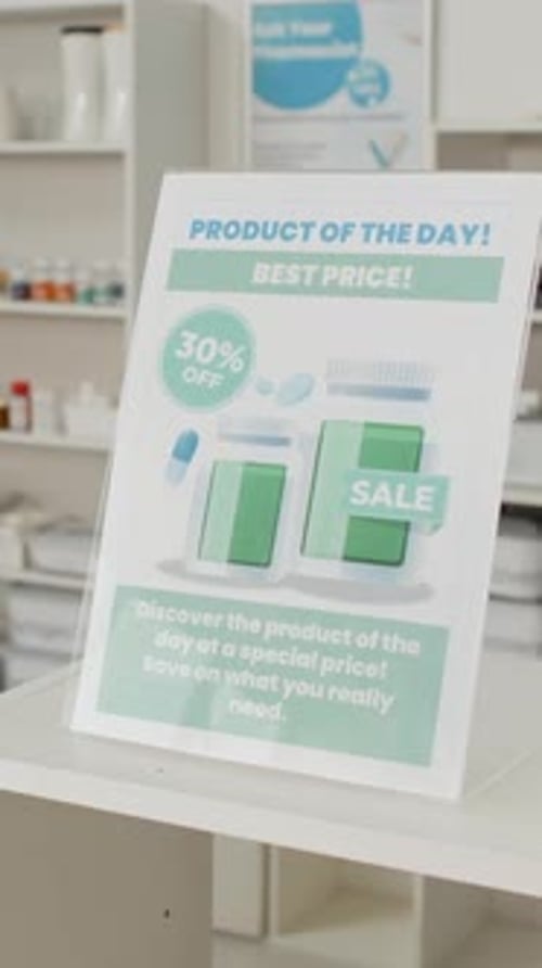 Sale Offer Poster on Counter in Drugstore Vertical