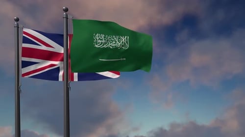 United Kingdom and Saudi Arabia Flags Waving Realistically in Sky