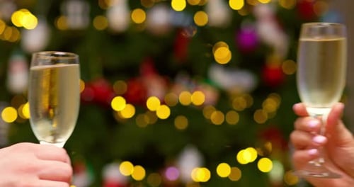 Mãos de pessoas desconhecidas tocam taças de champanhe e brindam contra a árvore de Natal