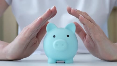 Woman Protect and Holding Hands Above Blue Piggy Bank Closeup Deposit Insurance