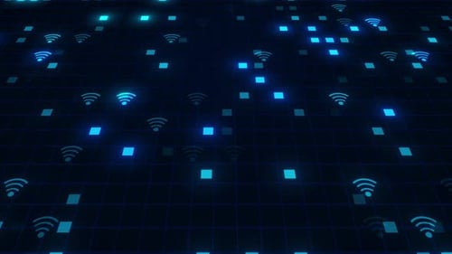 Icono Wifi de neón, animación animada al azar sobre fondo digital de alta tecnología, neón brillante