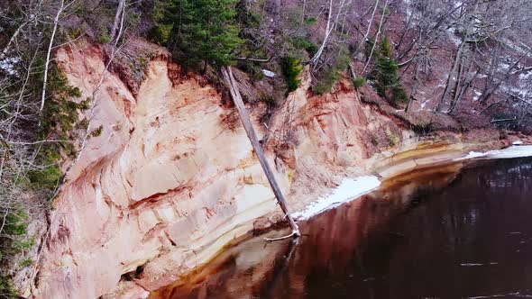 Medium tele shot of Devil’s Cliffs with fallen tree along Gauja River ...