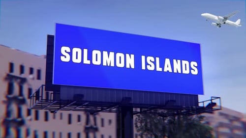 Solomon Islands Road Sign With A Street Billboard And An Airplane Taking Off In The Background