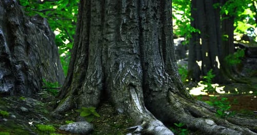 Gnarled Roots of an Ancient Tree Cradle the Forest Floor in Dappled Sunlight