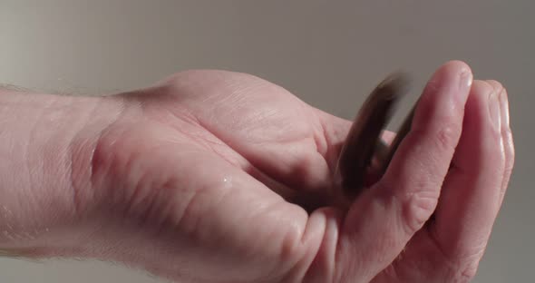 Closeup of hand catching cartridge shells and then hand moves out of ...