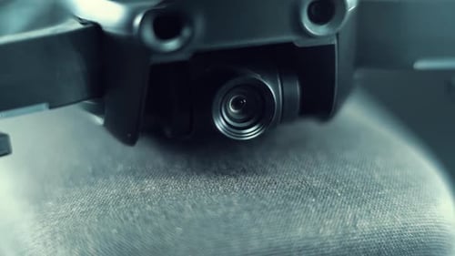 Drone Camera Lens on a stabilizer and sensors, hyper close up, aerial photography gear, professional