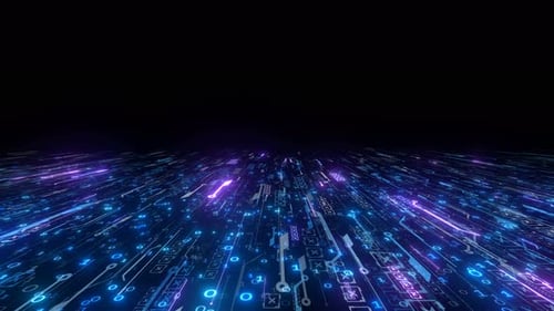 Futuristischer digitaler Datenstrom, der durch die virtuelle Technologielandschaft fließt
