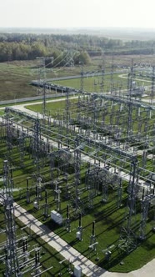 Power and Energy Transportation of Electricity Huge Power Station View From Height of the Steel