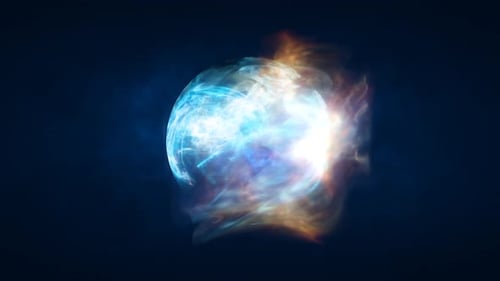 Multicolored energy magic circle sphere ball of futuristic waves and lines of smoke particles