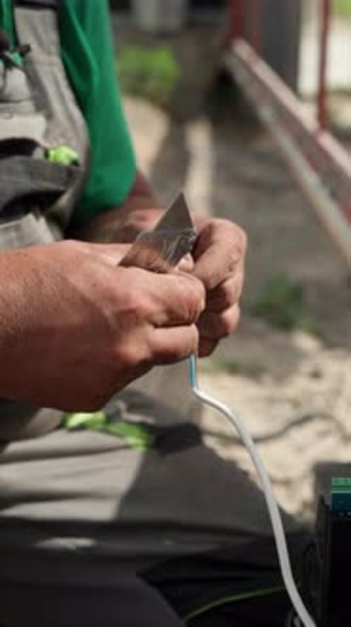 Man Cables Wire with Sharp Knife