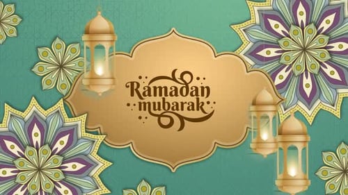 Ramadan Mubarak Greeting with Golden Lanterns and Ornate Mandala Patterns