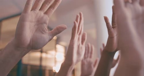 Business people, diversity and hands raised for question, interaction or teamwork at office