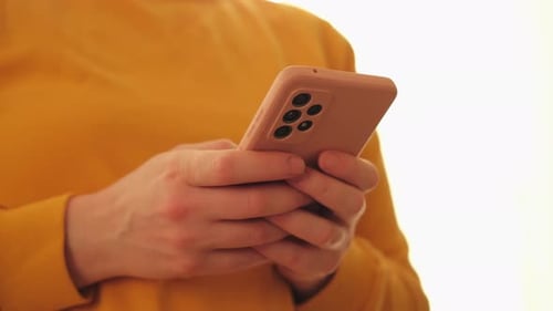 Woman Hand Holding Cell Phone Touch Screen Typing Scroll Page Using App Smartphone Mobile Phone