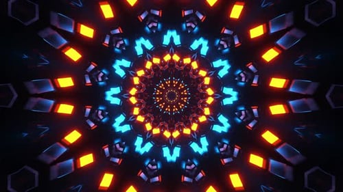 O
design de animação colorido é mostrado no escuro. Caleidoscópio
VJ loop