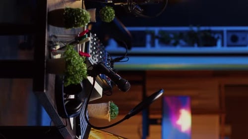 Vertical Video Empty Studio with High Tech Microphone Audio Mixer and Headphones Used to Record