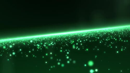 Ondas mágicas de partículas de color verde brillante sobre fondo abstracto de fantasía oscura.