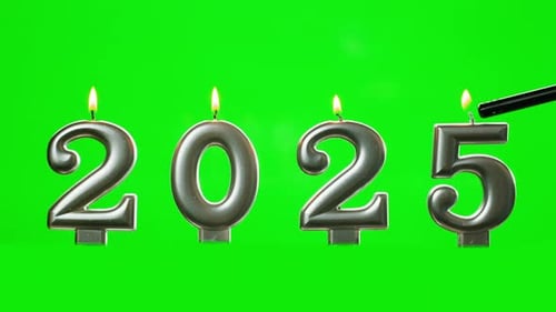 Cake with Happy New Year 2025 Candles on Chroma Key Green Screen Background