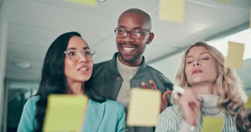 Company, office and people with sticky note in meeting for problem solving