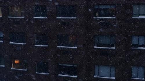 Winter Snow Fall Weather in Urban City Metropolis Skyline View