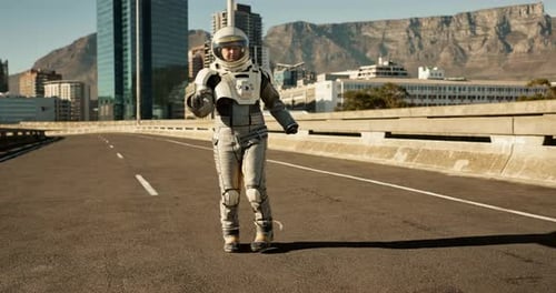Dansez, voyagez et astronaute en ville avec aventure, dystopie future et planète à découvrir