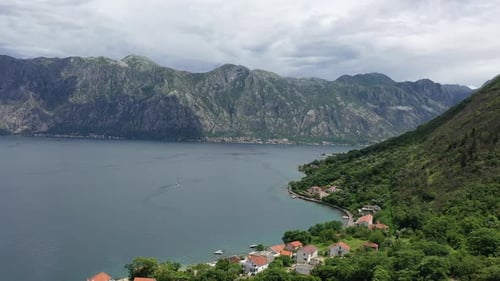 Aerial View of the Bay of Kotor Montenegro We are Flying By the Sea Bay