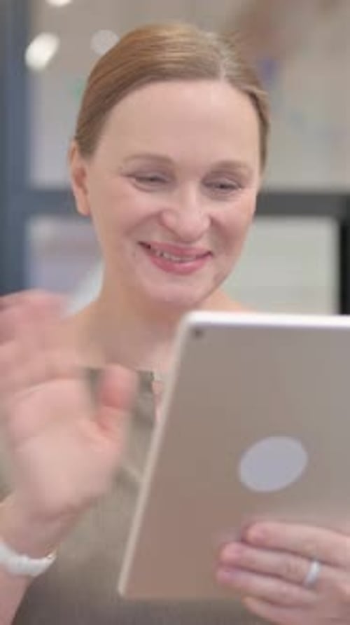 Smiling Woman Video Calling on Tablet Device Indoors