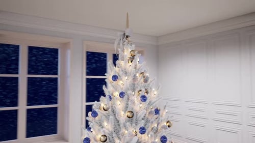 Festive Christmas Tree with Blue and Gold Ornaments and Snow