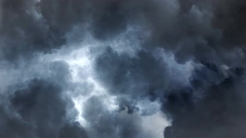 view entering dark cumulonimbus clouds with lightning strike, thunderstorm