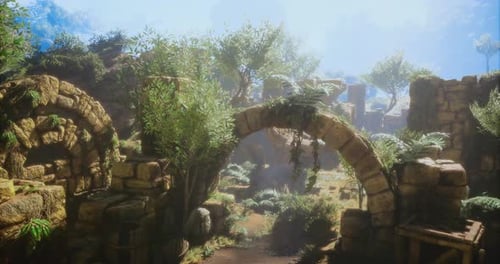 Ruines de pierre anciennes entourées d'une végétation luxuriante dans une douce lumière matinale