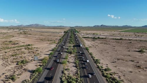 Aerial View of Cars Driving on Divided Highway in Desert, Interstate 10 in Southern Arizona, Blue
