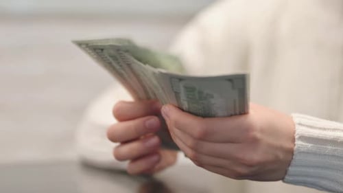 Close up of Woman Counting Money in Office