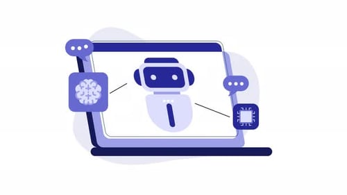 Ai technology on laptop screen symbolizes robotic brain chip icon.
