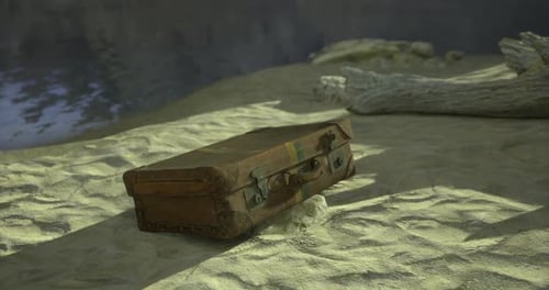 Old Wooden Suitcase Resting on Sandy Beach Near Calm Water in Sunlight