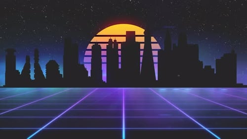 Stilisierter Vintage-3D-Animationshintergrund mit moderner Stadtsonne und leuchtenden Sternen