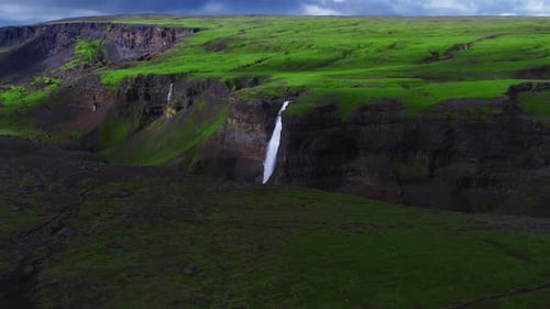 Aerial Pan of Haifoss Waterfall and Basalt Canyon in Iceland