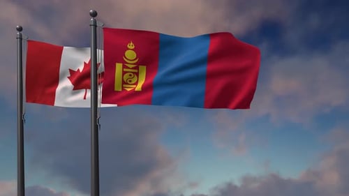 Canada and Mongolia Flags Waving in Blue Sky