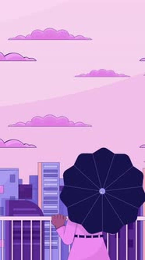 Lofi girl with rotating umbrella gazing at dusk city skyline lofi vertical animation