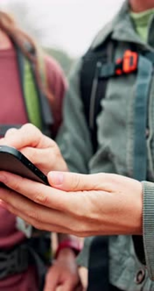 People, hands and hiking with phone for app, navigation system or path finding in outdoor forest